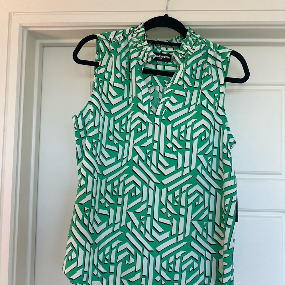 Karl Lagerfeld Green and White Geometric Blouse
